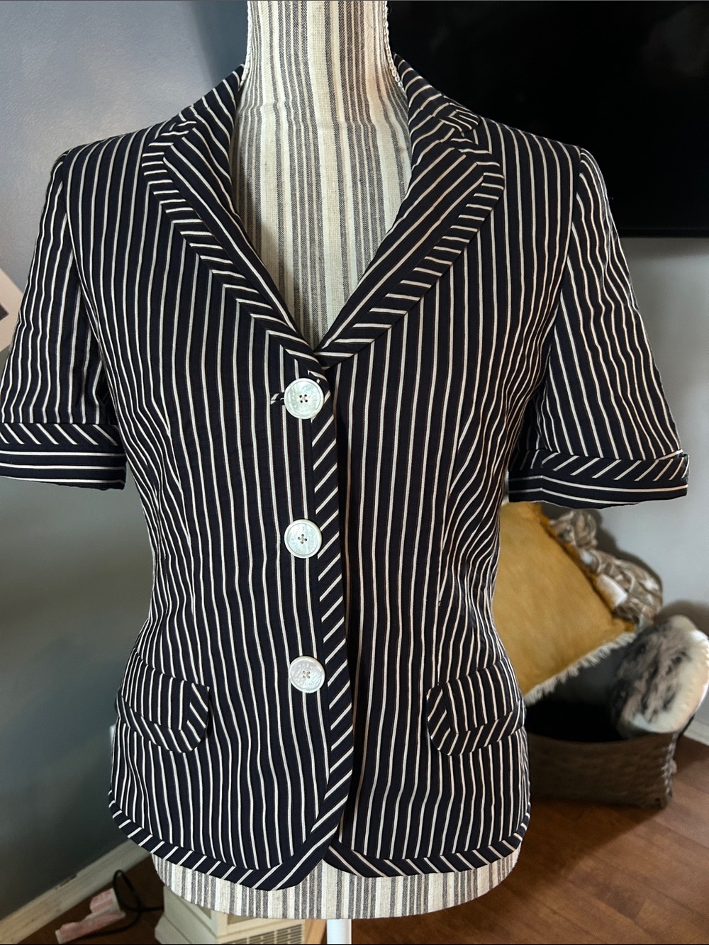 Rena Lange Navy Blue, brown and White Striped Short Sleeve Blazer